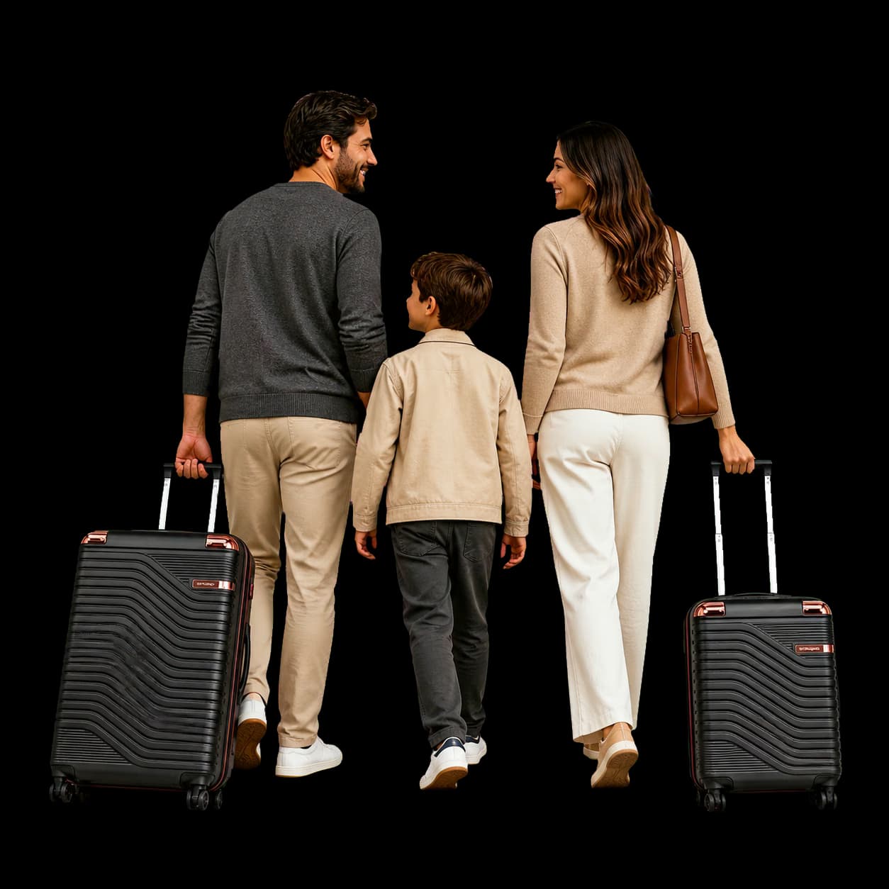 Família viajando com malas Extranjero, incluindo o modelo EX1215